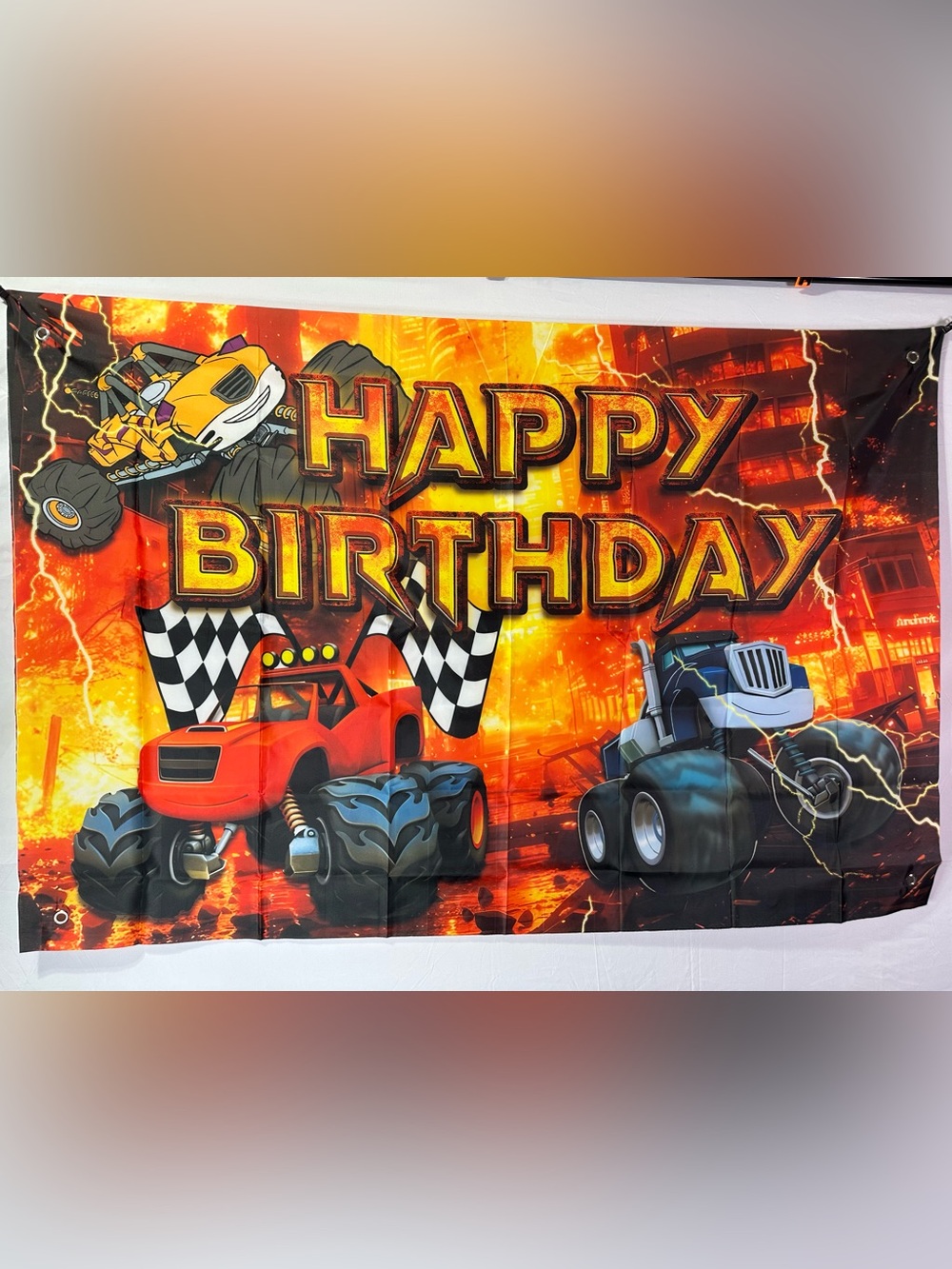 Monster Trucks Happy Birthday Backdrop Banner 5x3Ft